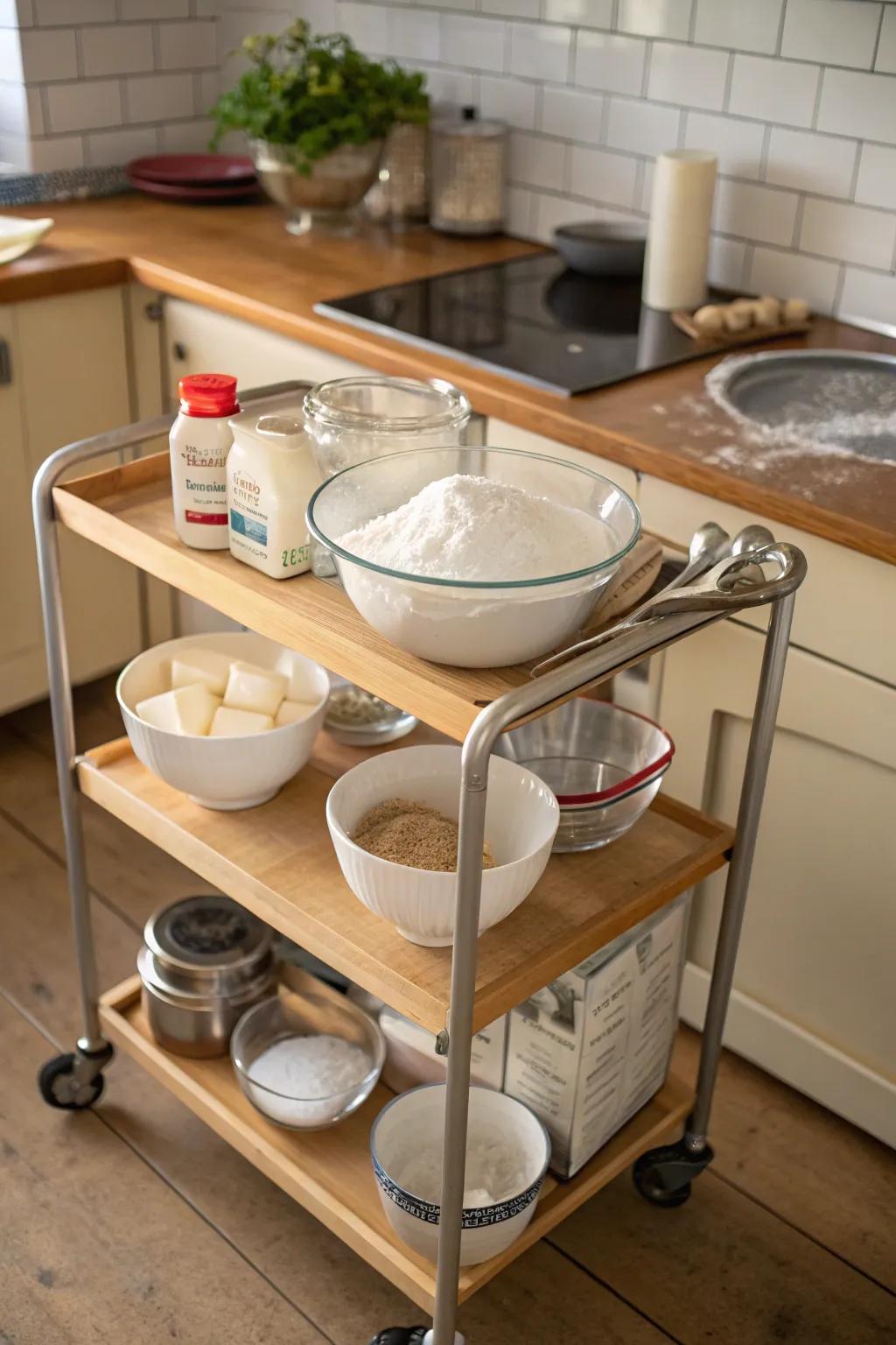 A rolling cart adds storage and flexibility to kitchen space.