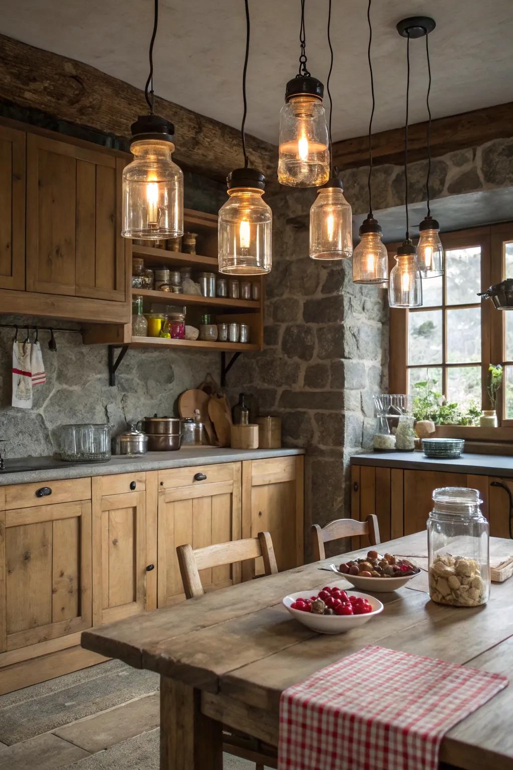 Mason jar lights bring rustic charm to kitchen lighting.