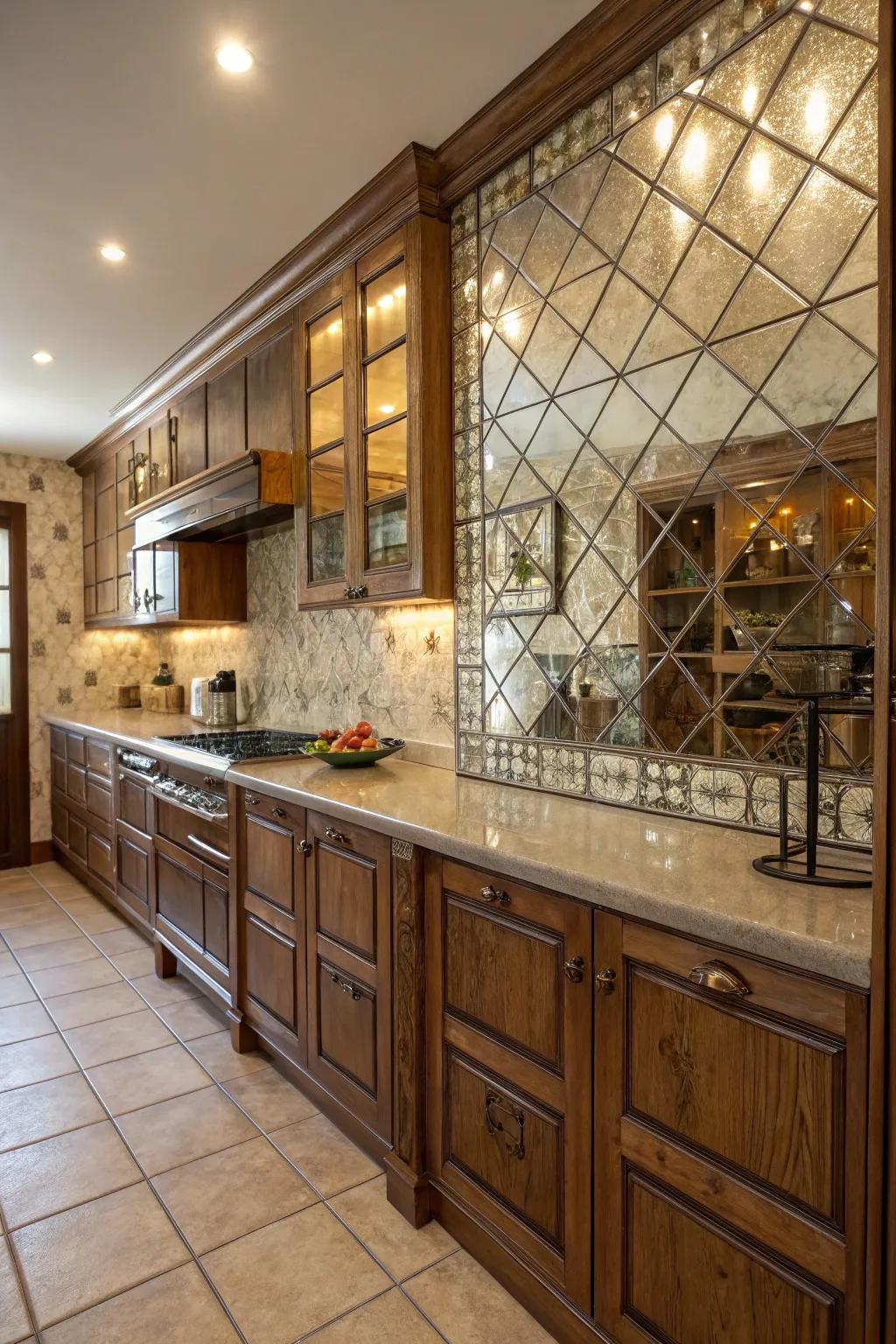 Patina mirrored tiles add vintage glamour to this kitchen.