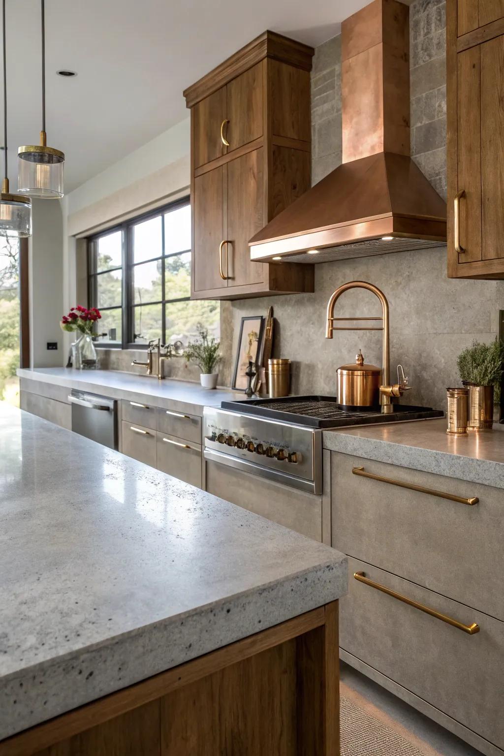 A luxurious kitchen with concrete countertops and metallic accents.