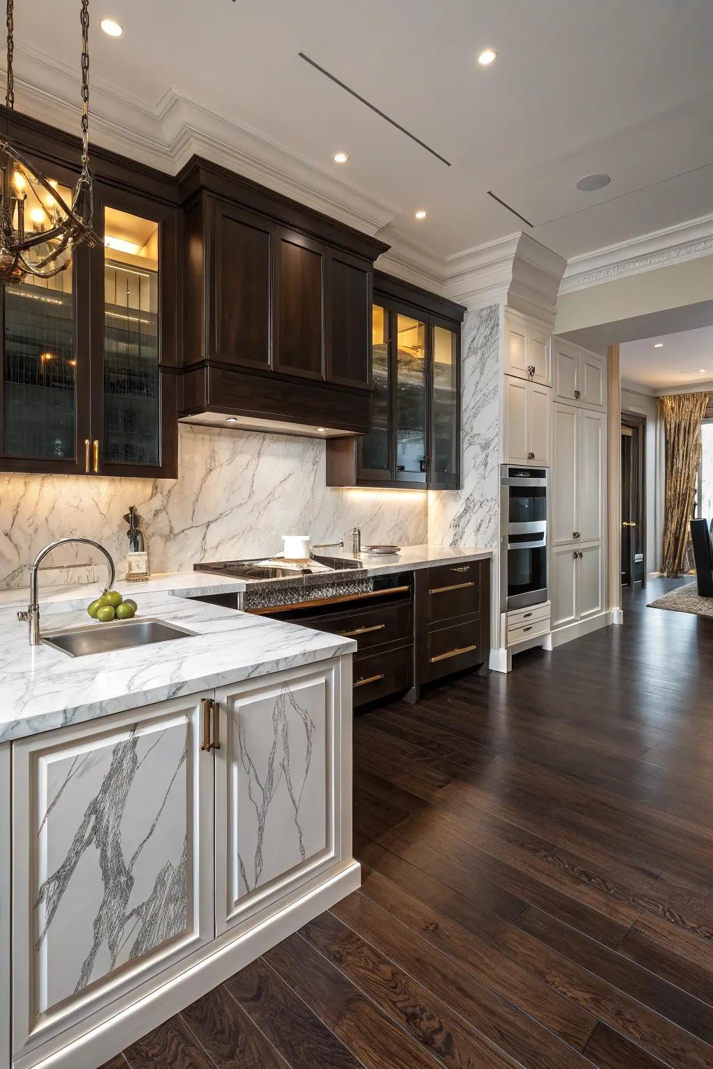 Marble countertops add elegance to this kitchen with dark floors.