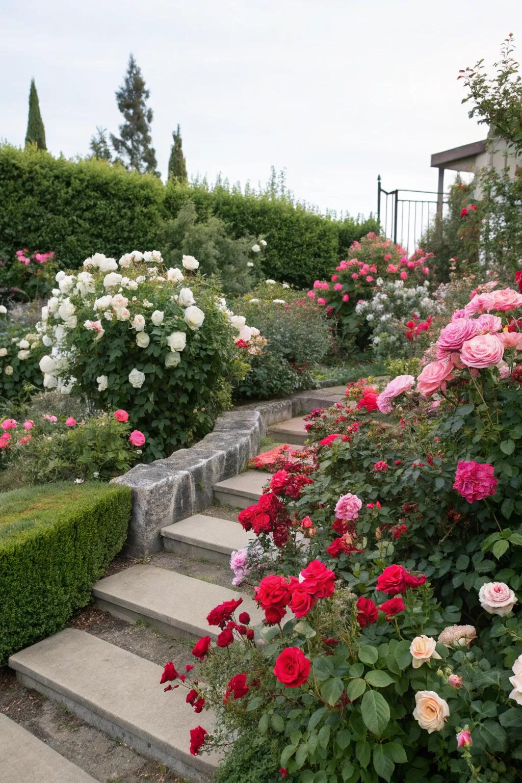 A corner filled with rose shrubs offers fragrance and beauty.