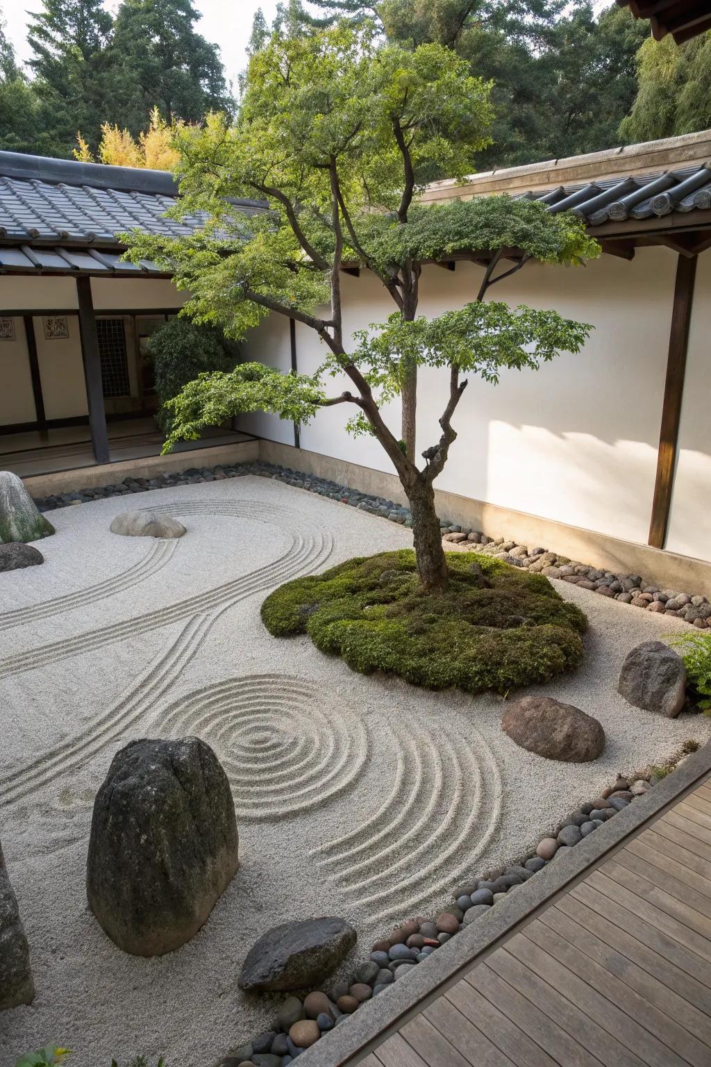A contemplative garden offers a tranquil, meditative landscape around trees.