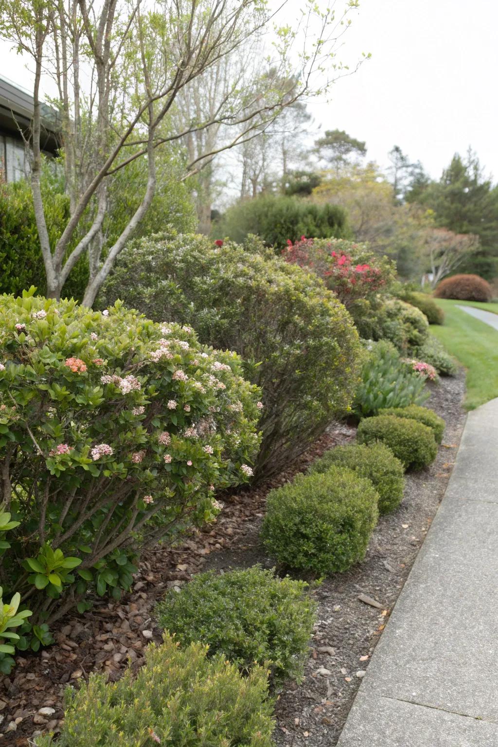 Create naturalistic edges with Indian hawthorn's wild beauty.