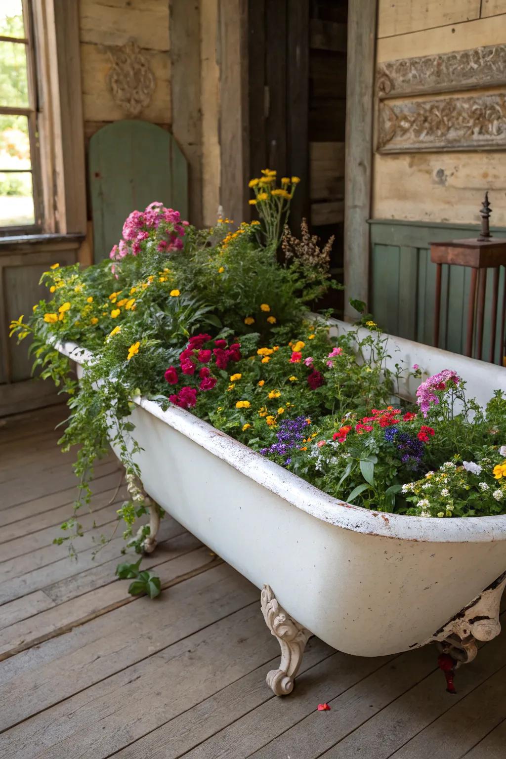 Aged baths are a whimsical, spacious option for elevated gardens.