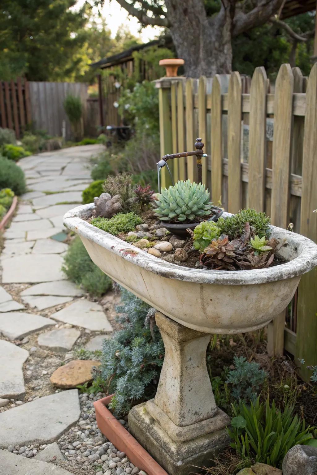 A ceramic sink creatively repurposed as a succulent planter.