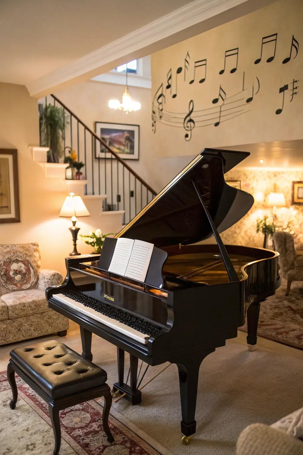 A piano can serve as both a musical and decorative element in a corner.