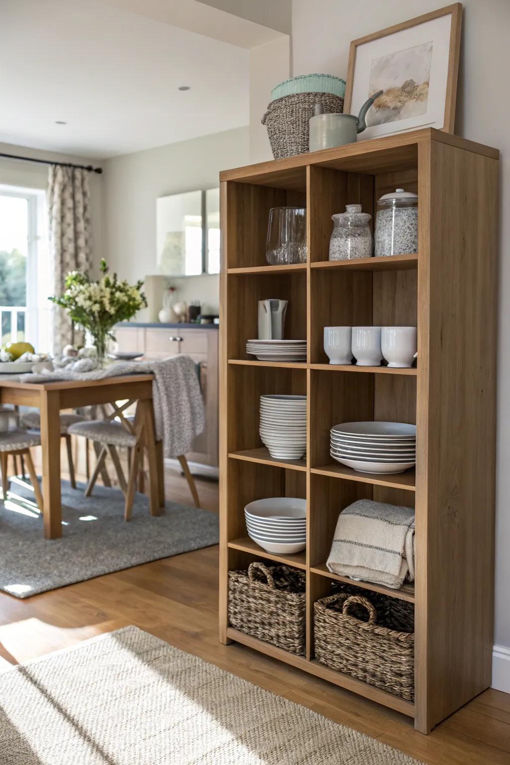 A dining area addition utilizes modular shelving for integrated functionality.