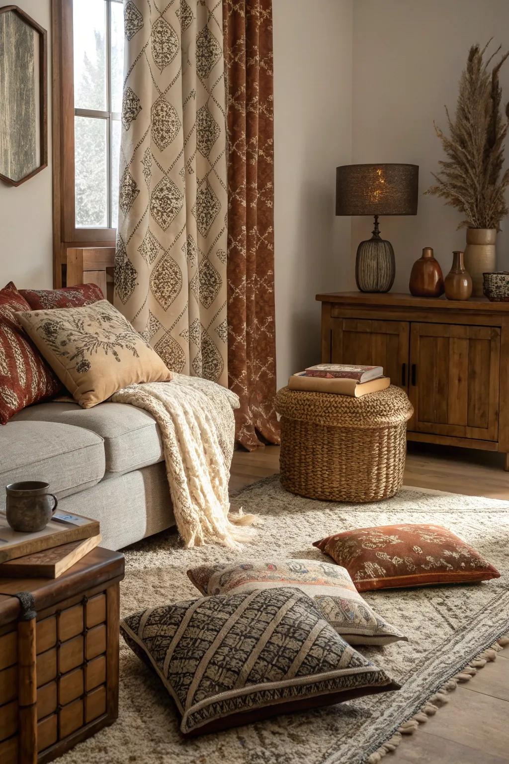 Layered textures add depth to the living room.