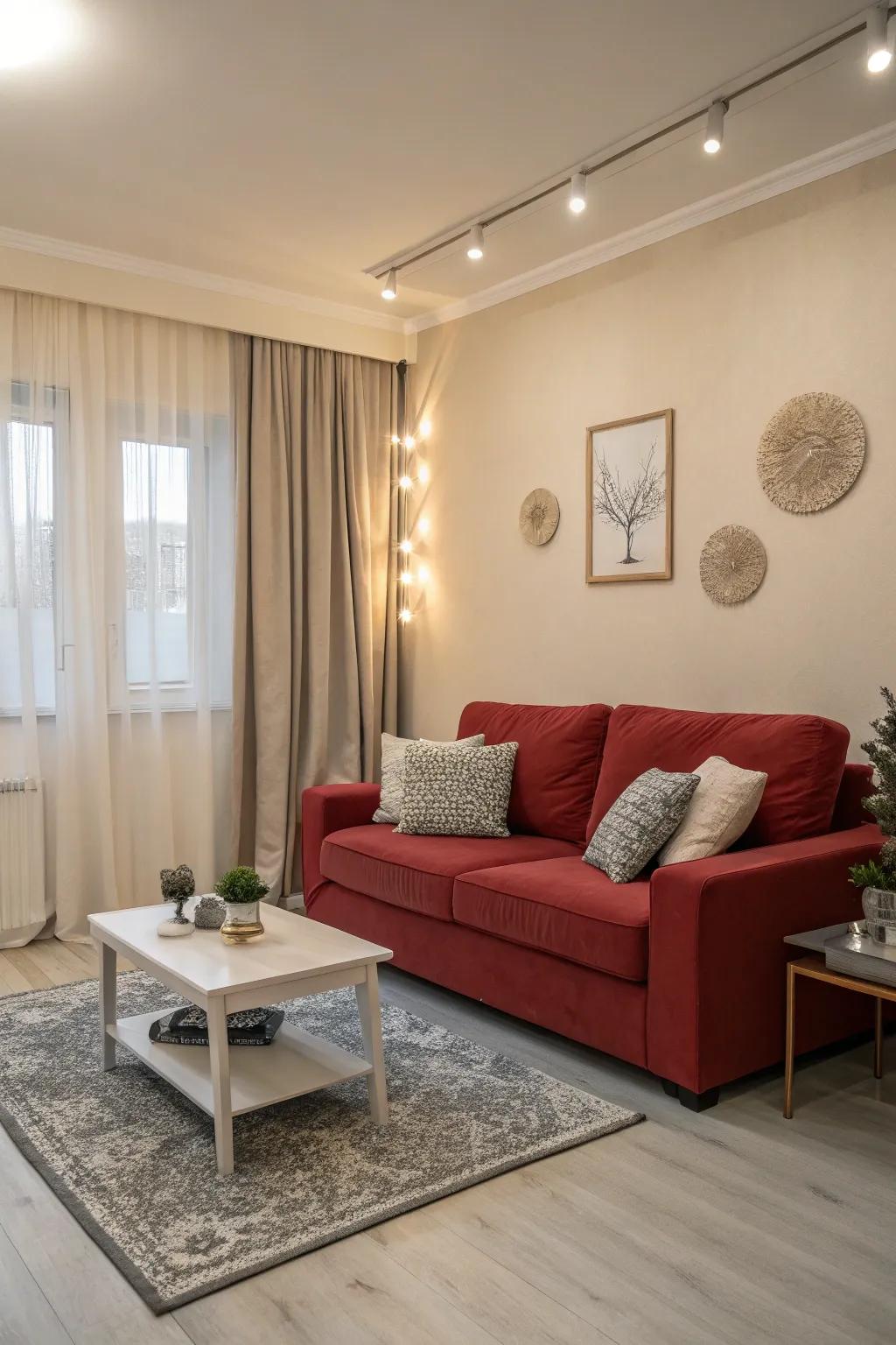Neutral hues balance the boldness of a red sofa, fostering an elegant and harmonious space.