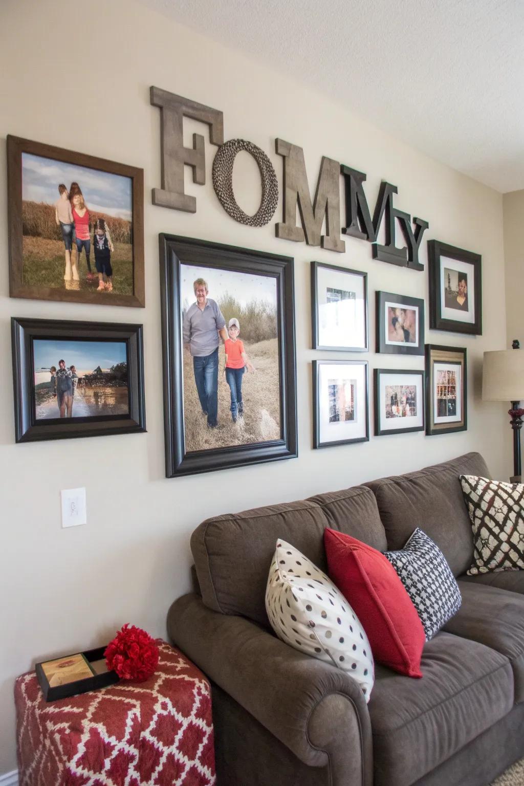 Integrate lettering for a contemporary twist on your photo wall.