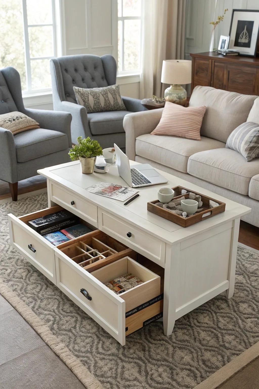 A living room featuring a multifunctional coffee table with storage.