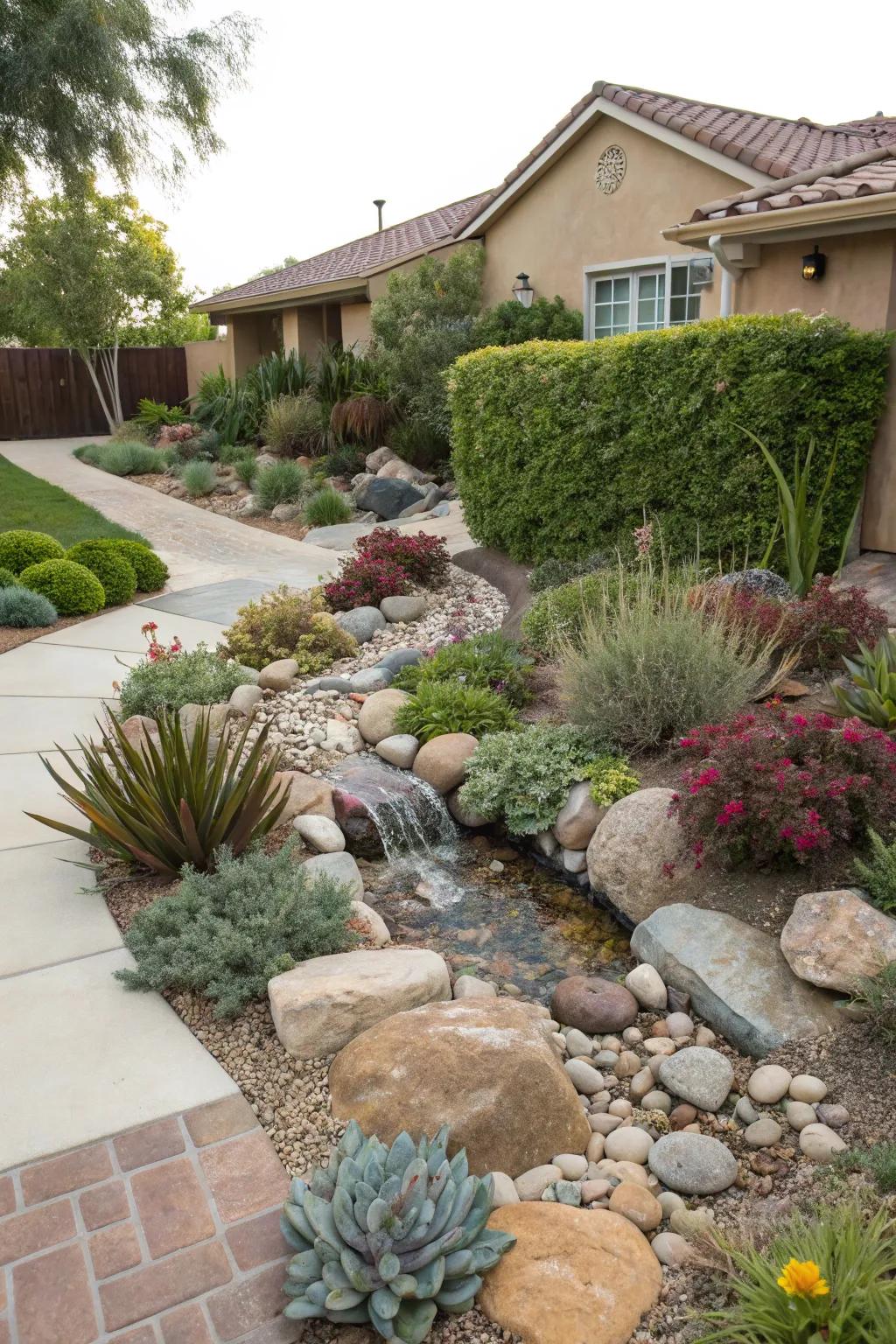 A small water feature adds tranquility to a xeriscape front yard.