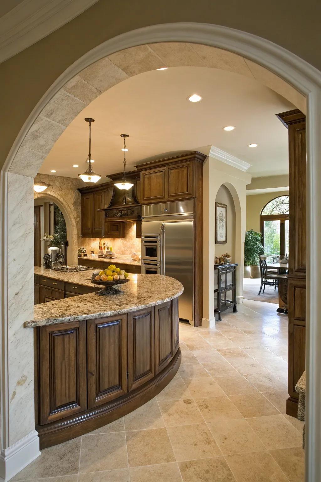 Curved elements add soft elegance and create an inviting atmosphere in kitchen design.