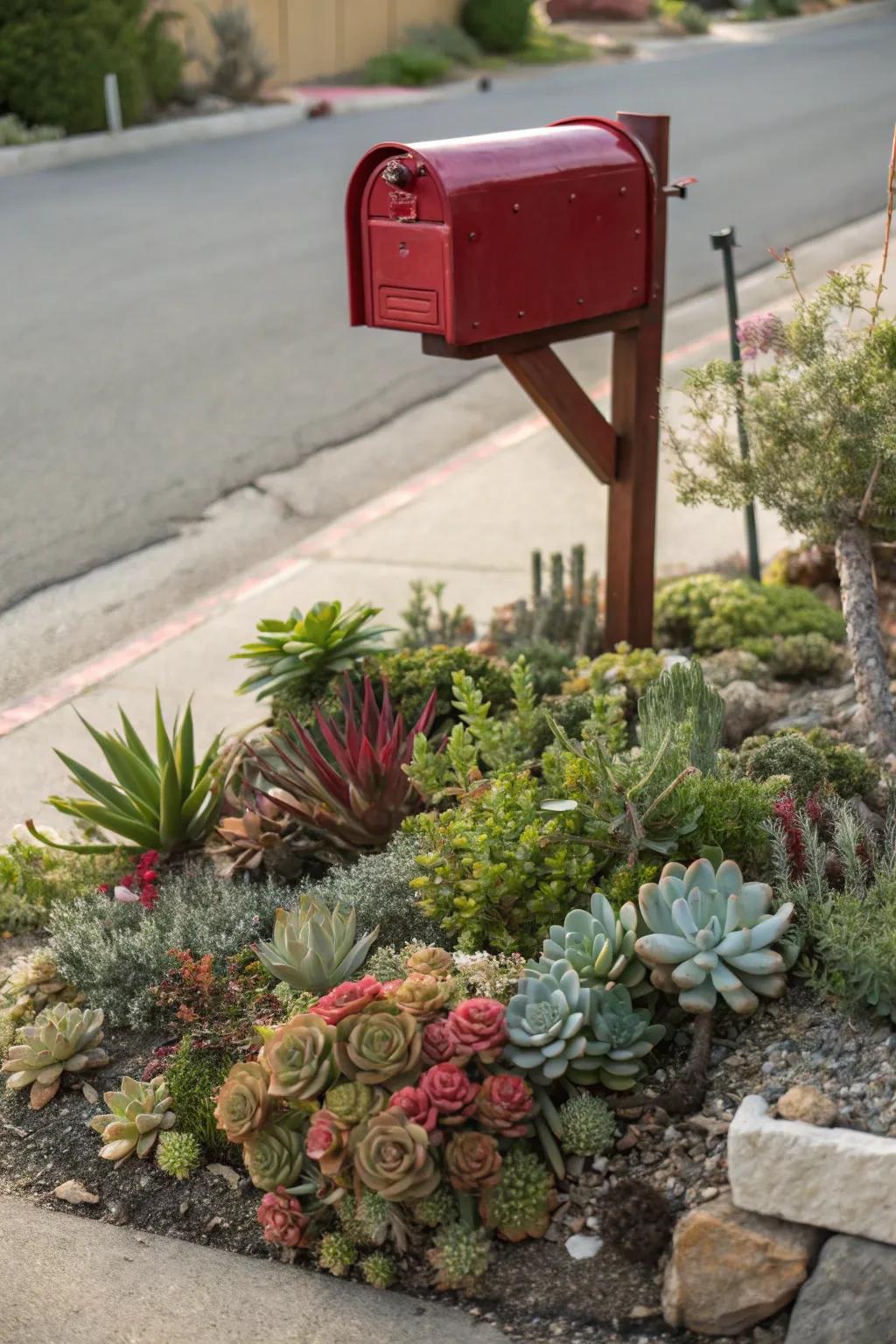 Succulents provide a stylish and easy-care option for mailbox planters.