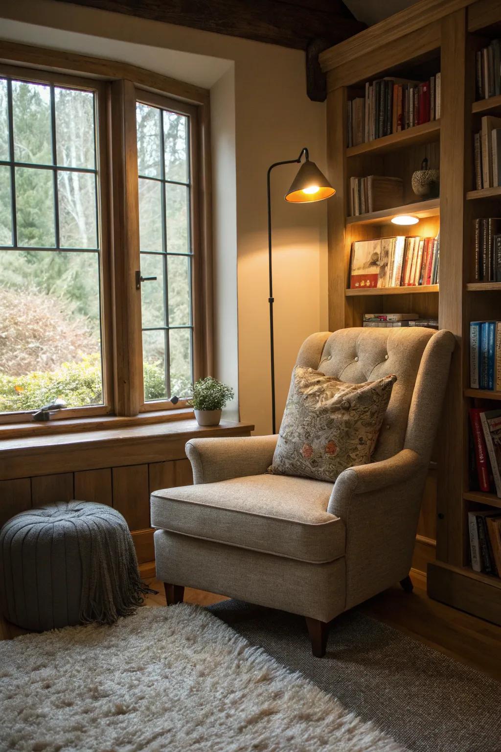 A snug reading alcove furnishes a tranquil retreat within the den.