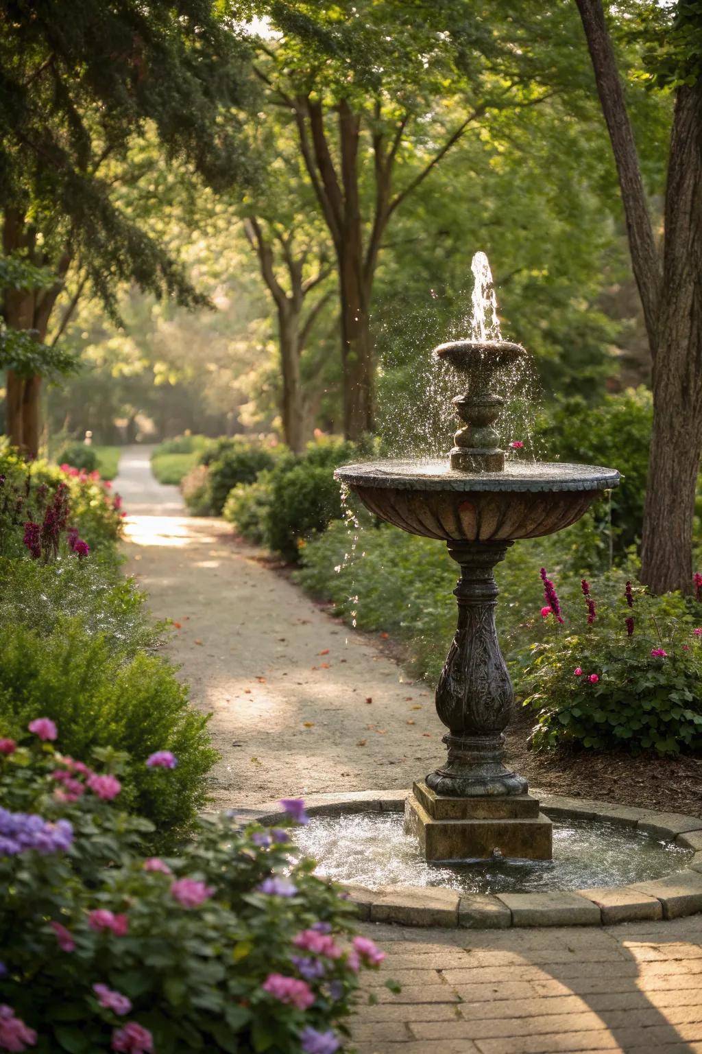 Metal water features enhance garden tranquility.
