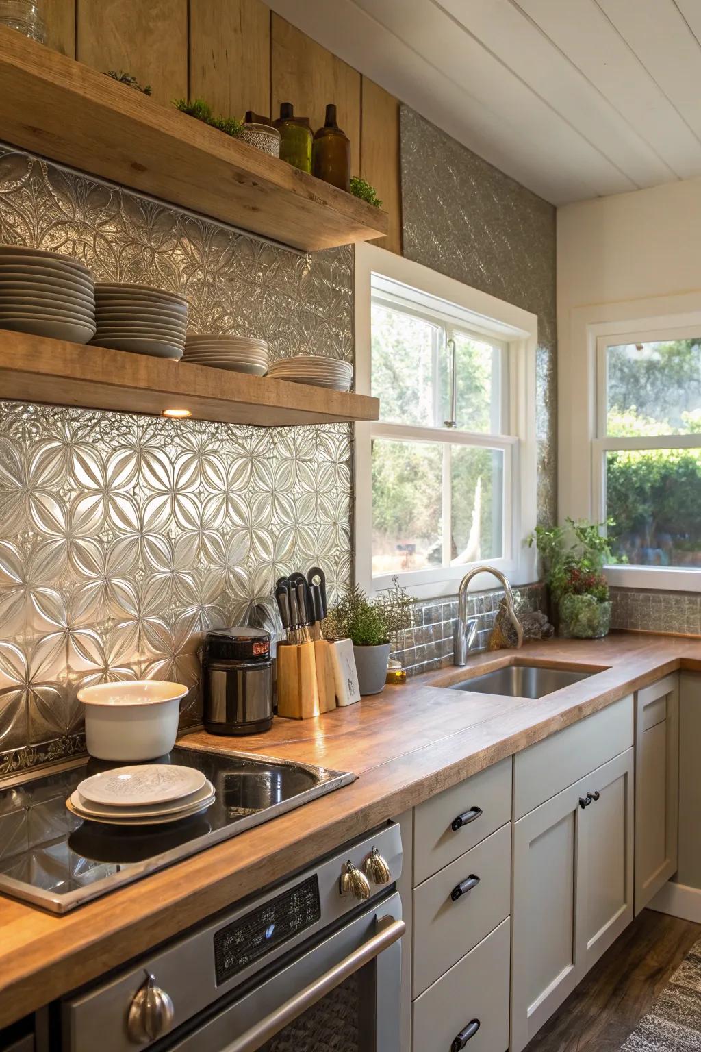 A kitchen featuring a recycled metal tile backsplash for an eco-friendly touch.