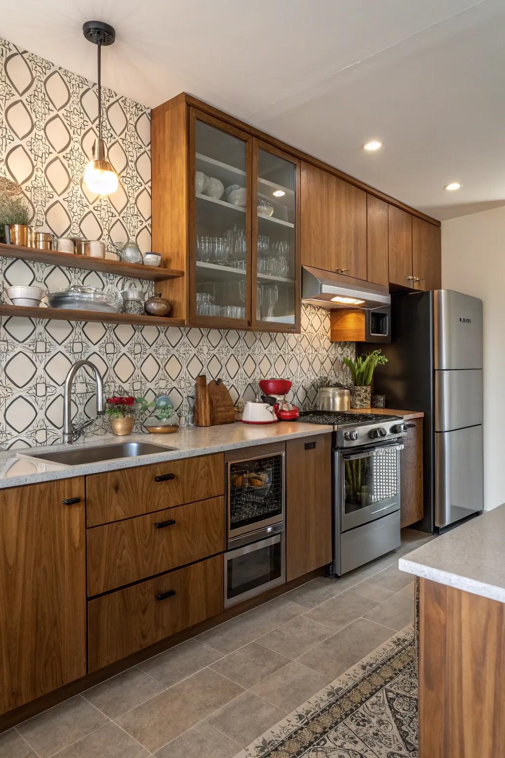 Layered textures create a dynamic and rich kitchen environment.