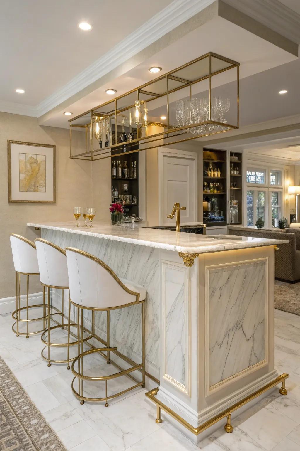 Lavish materials of construction, encompassing marble and gilding, elevate the elegance of a domestic bar.