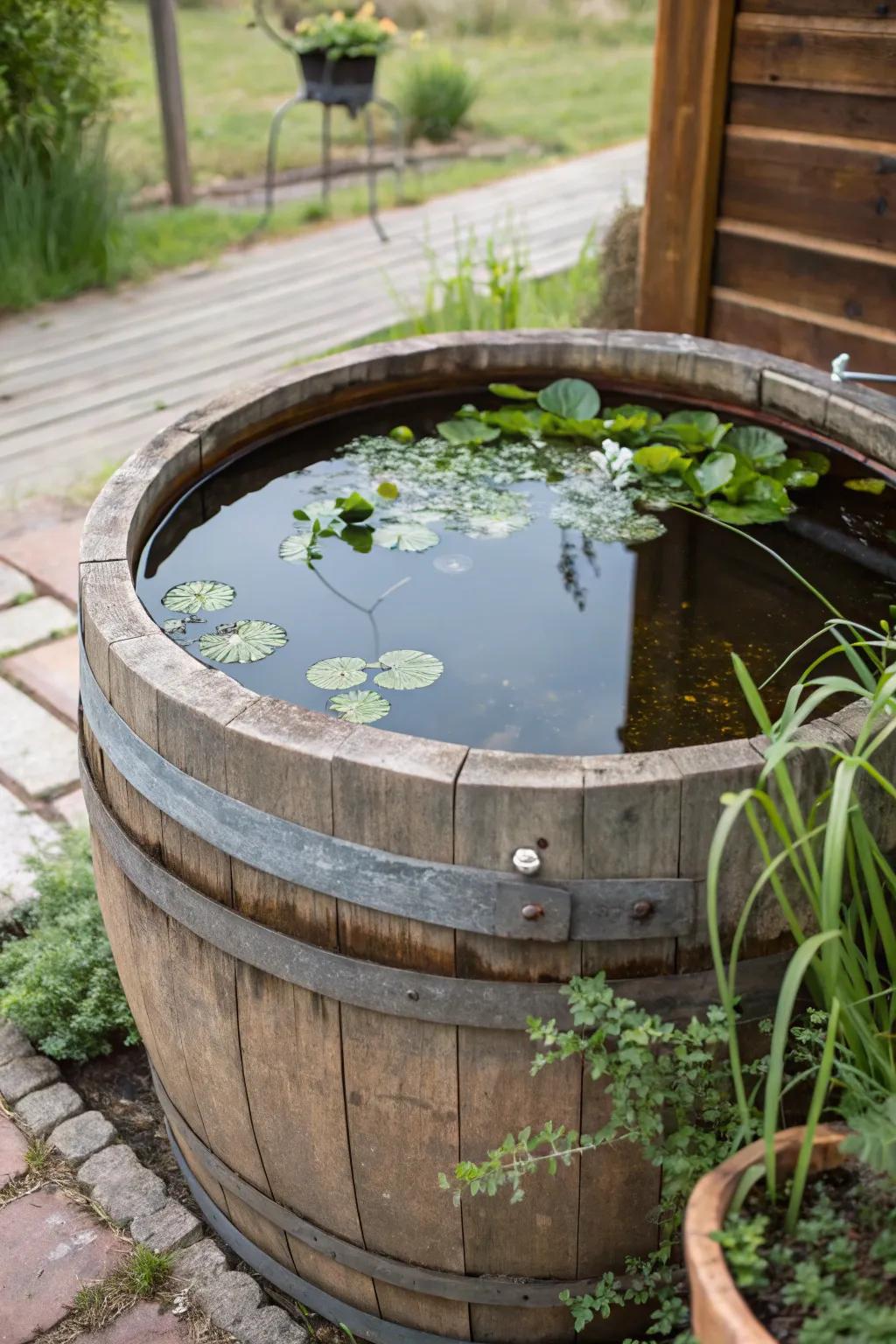 A rustic wood tub reborn as a take-anywhere mini pond.