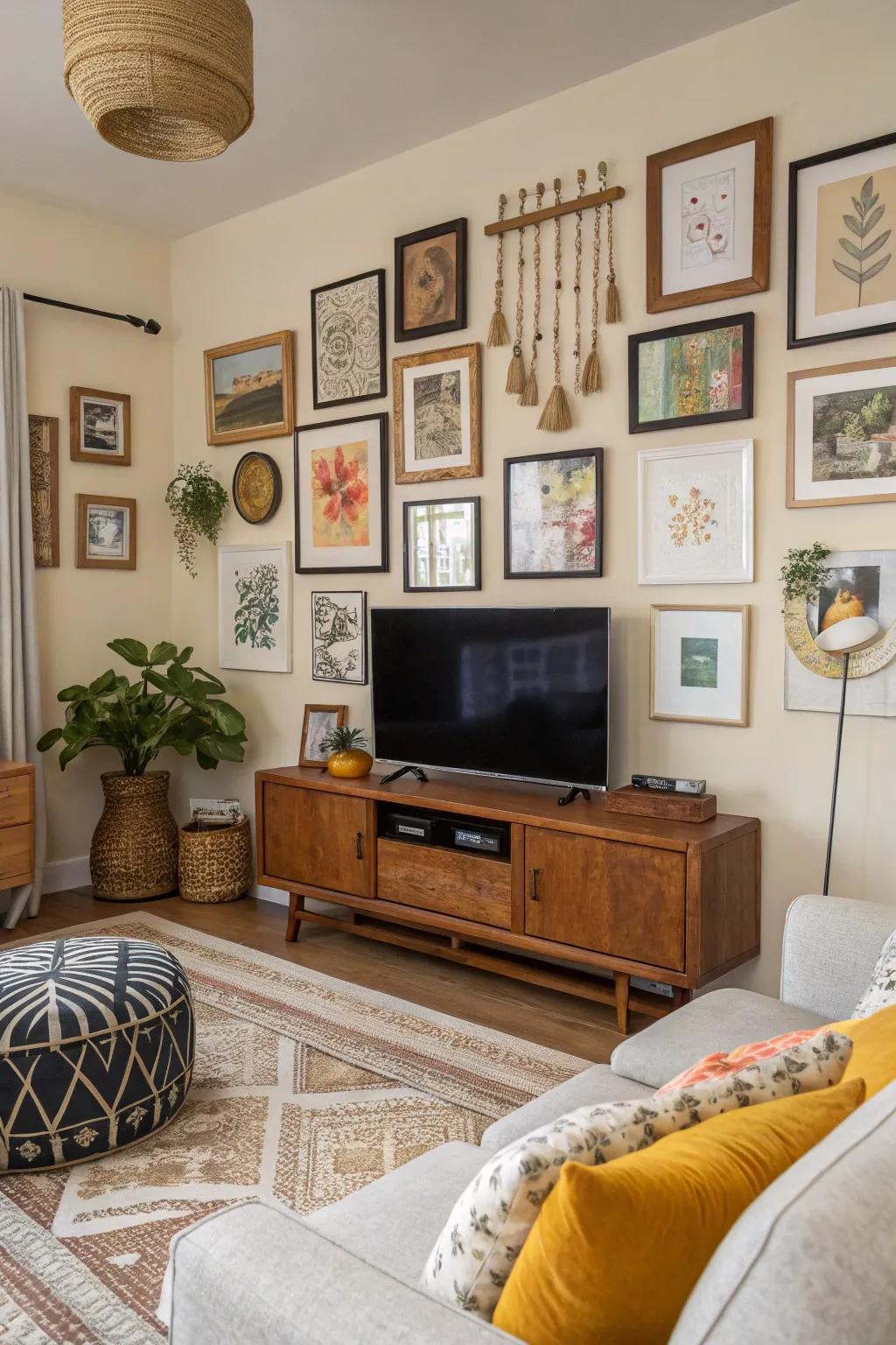 A gallery wall turns the TV into a part of an art collection.