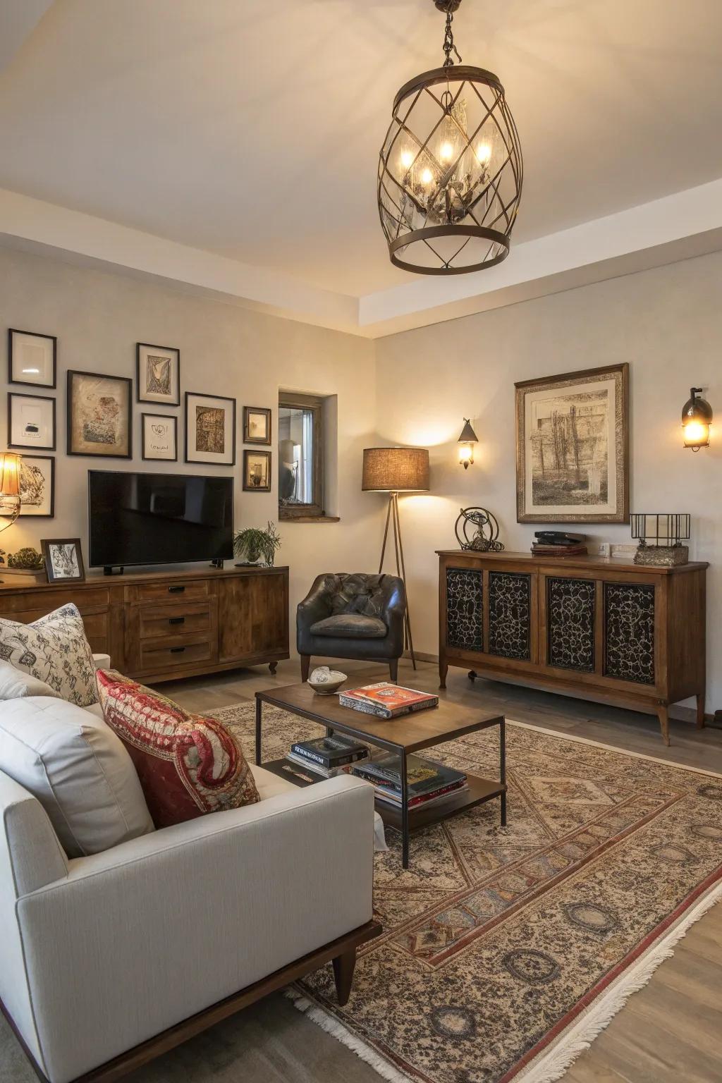 A harmonious mix of old and new elements adding character to a modern family room.