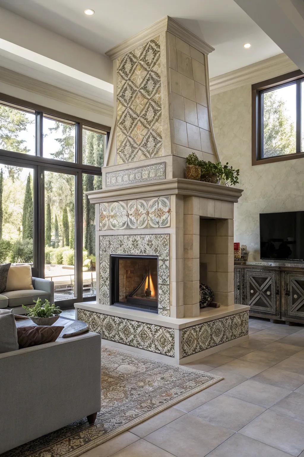 A versatile fired clay tile fireplace adapting to any aesthetic.