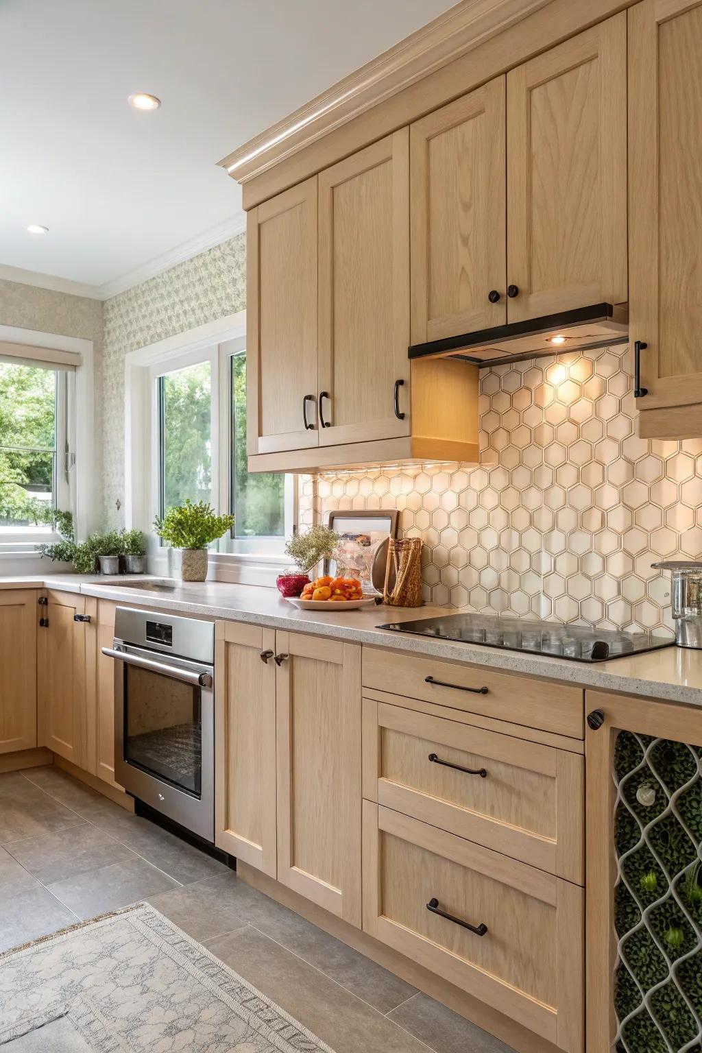 Textured backsplashes add depth and character to a kitchen with maple cabinets.