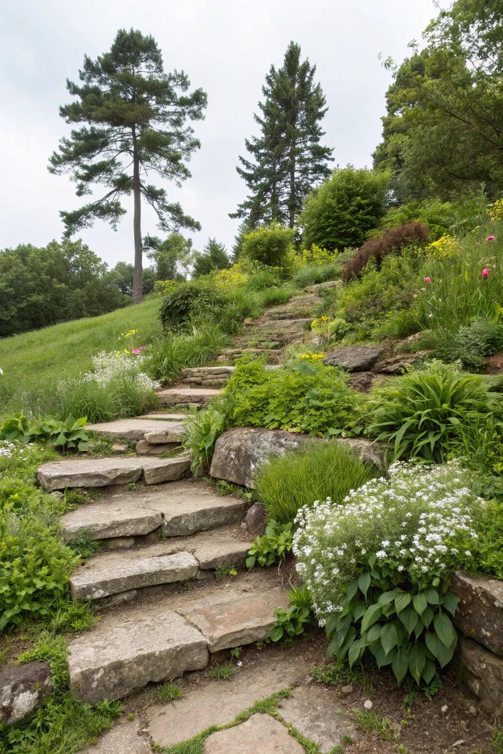 Rock steps offer access and aesthetic appeal to elevated zones.