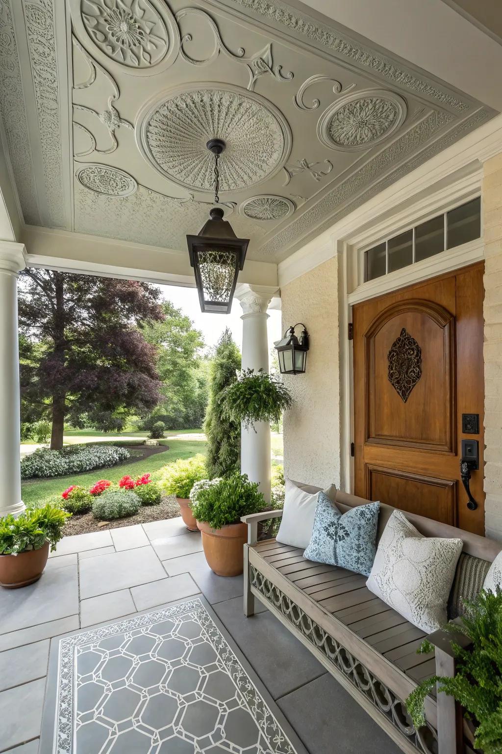 A small front porch with a unique ceiling feature for added style.