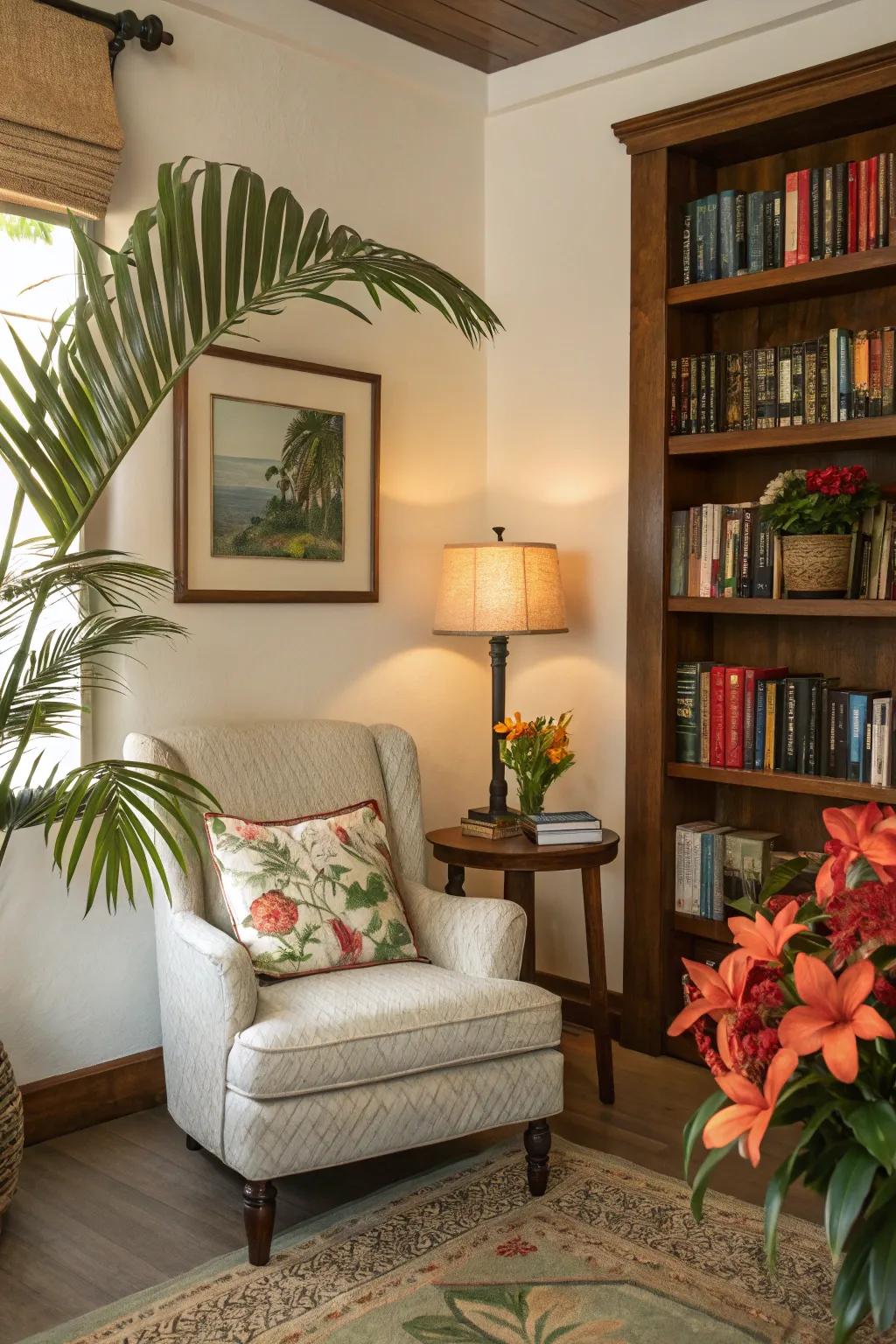 A cozy corner for reading offers a serene escape that is filled with tropical charm.