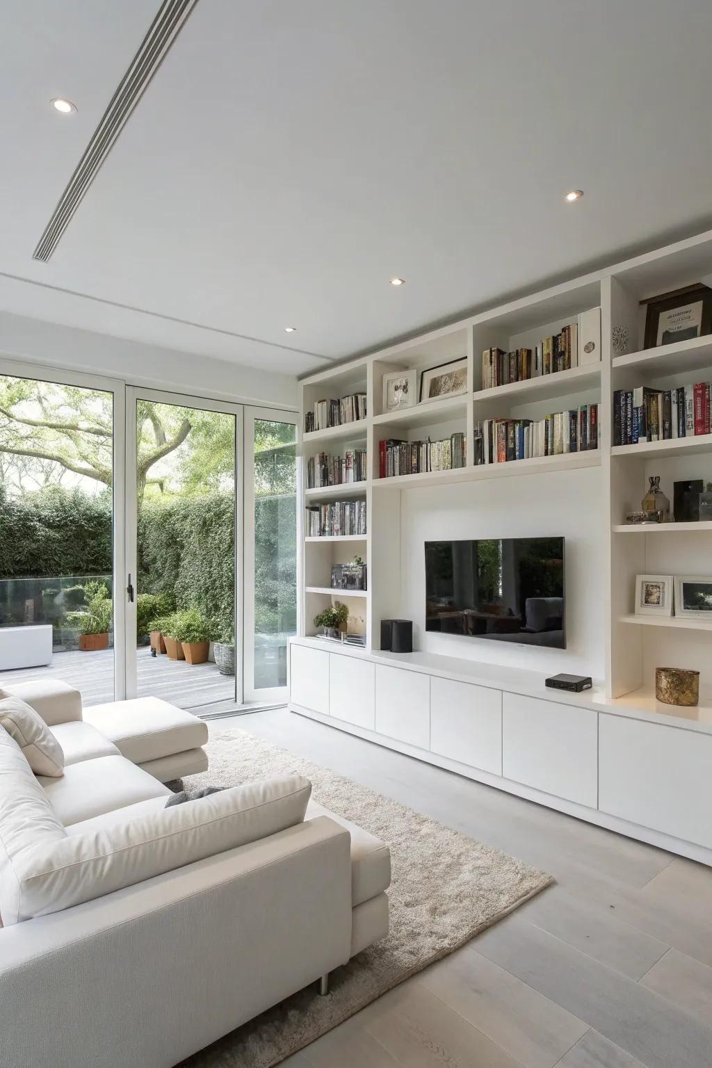 Innovative storage keeps a white living room tidy and functional.