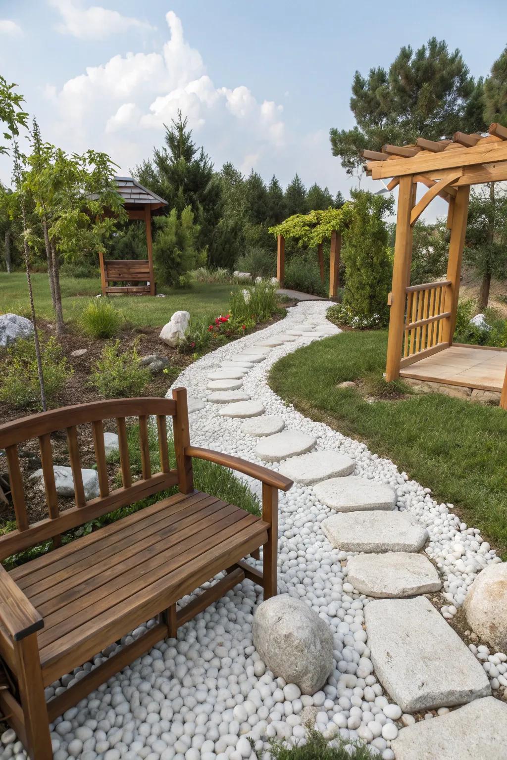 A garden blending wood components with alabaster stones, birthing a warm and textured scenery.