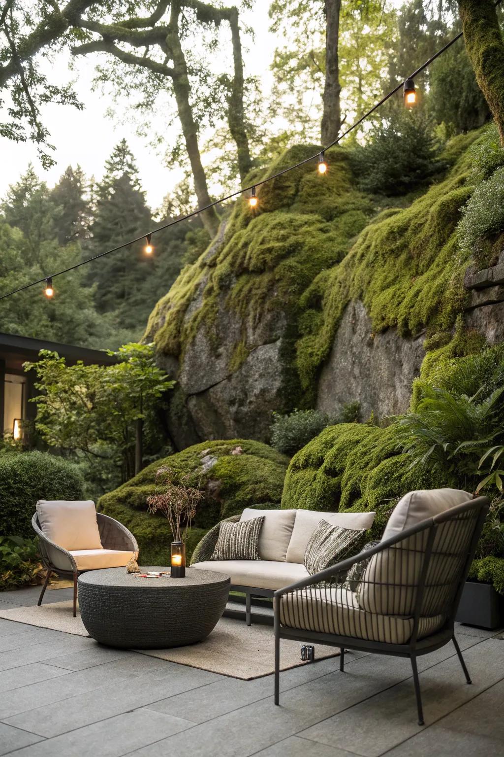 A snug terrace featuring a lush moss stone backdrop.