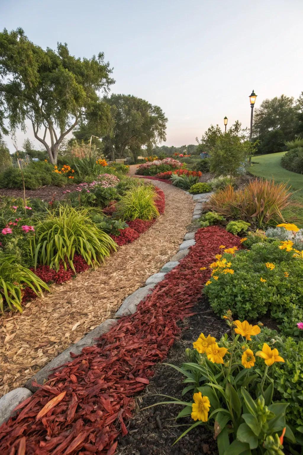 Colorful woodchips add whimsy to garden borders.