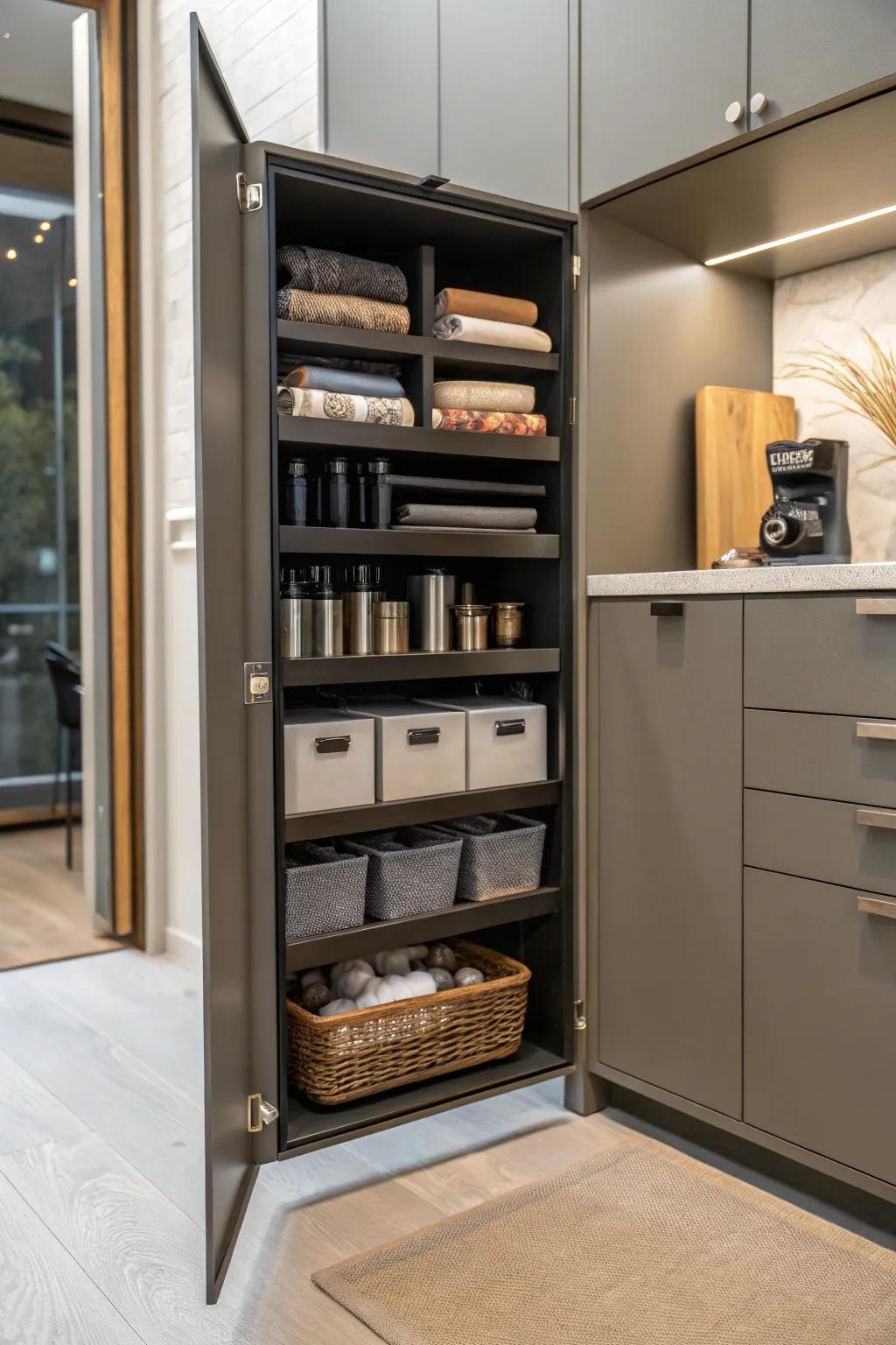 Adaptable shelving inside a slender cabinet, designed for user-defined storage options.