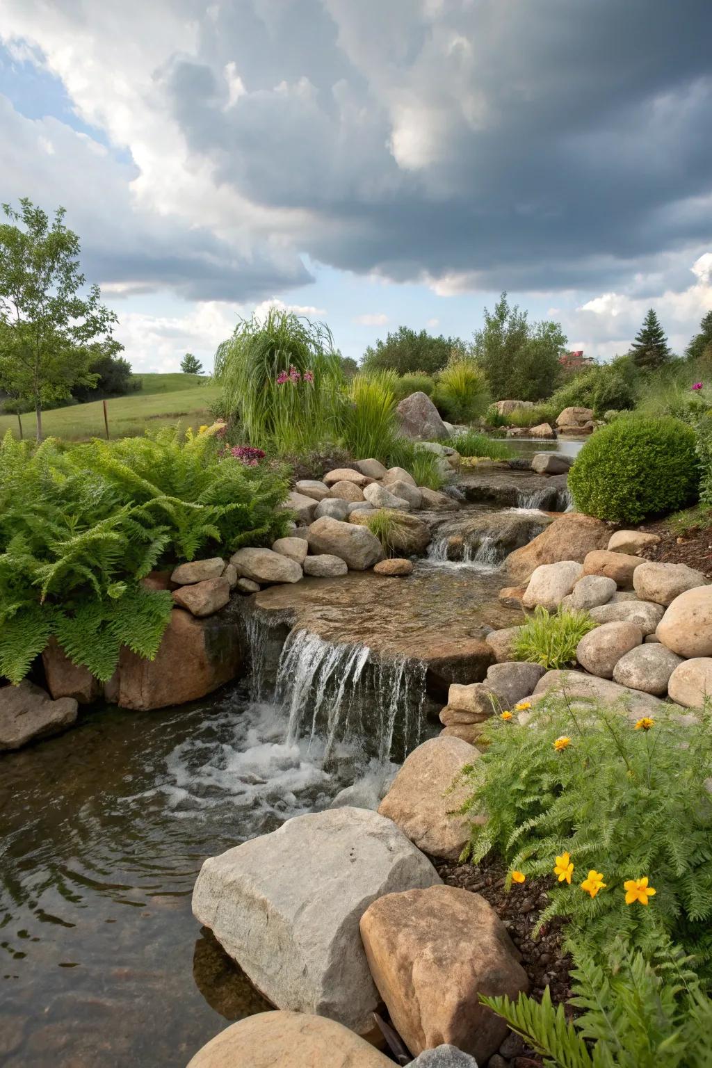 A stream with a small cascading waterfall for added charm.