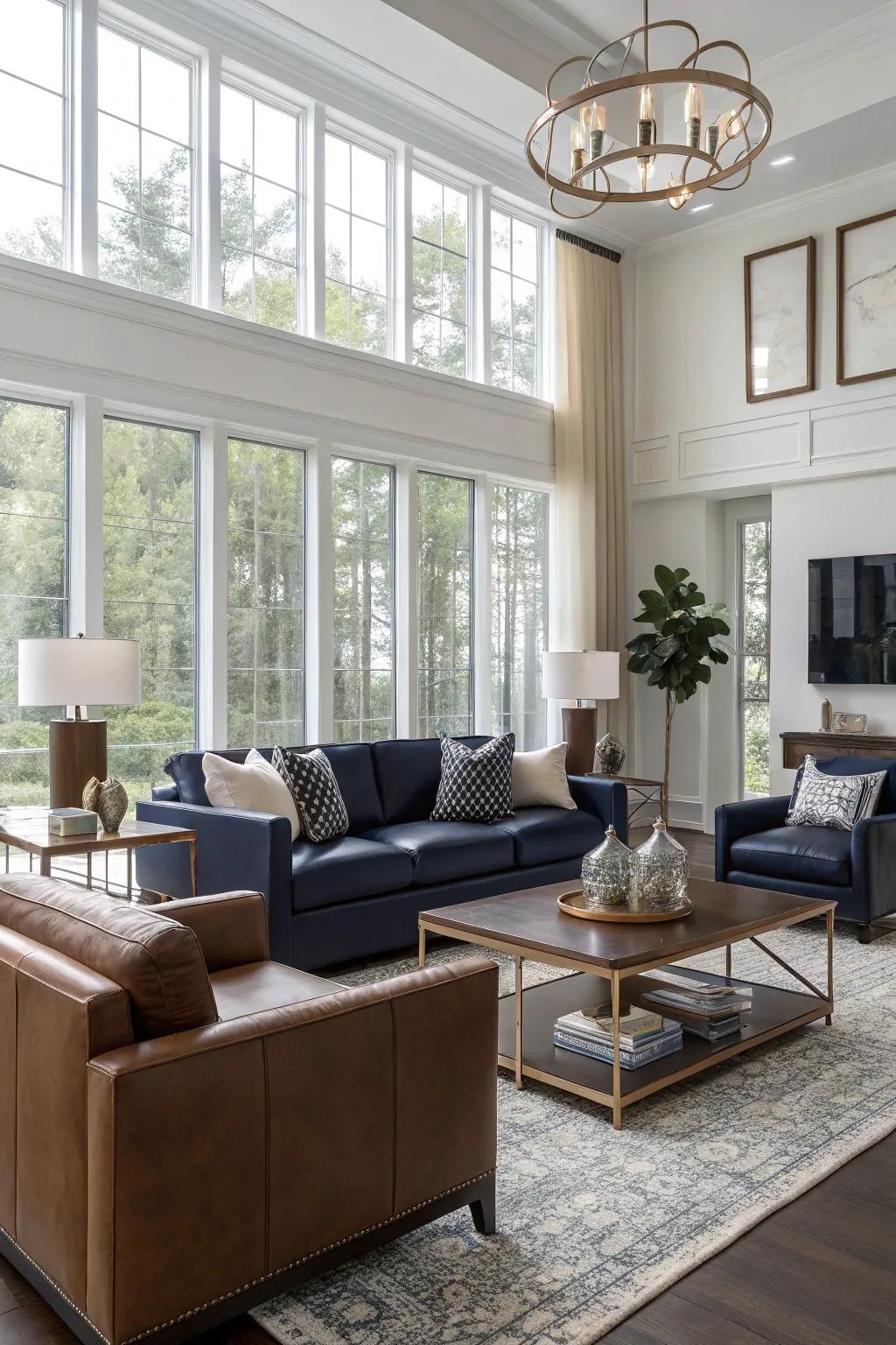 Contemporary navy and brown create a stylish and functional living room.