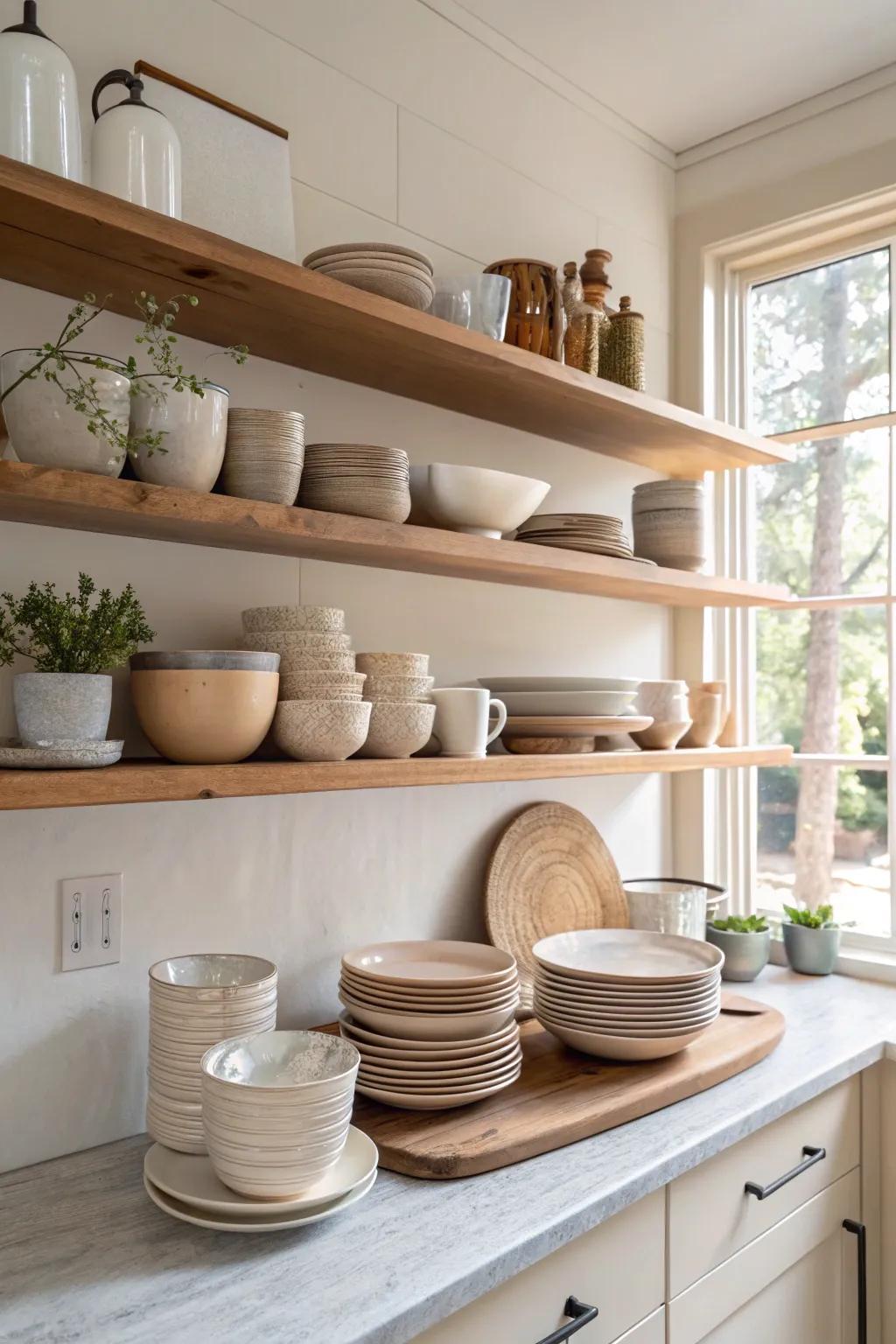 Open shelving adds a personal and airy touch to the kitchen.