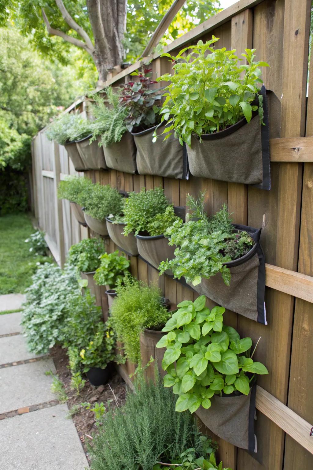 A space saving upright garden featuring a vibrant spread of herbs.