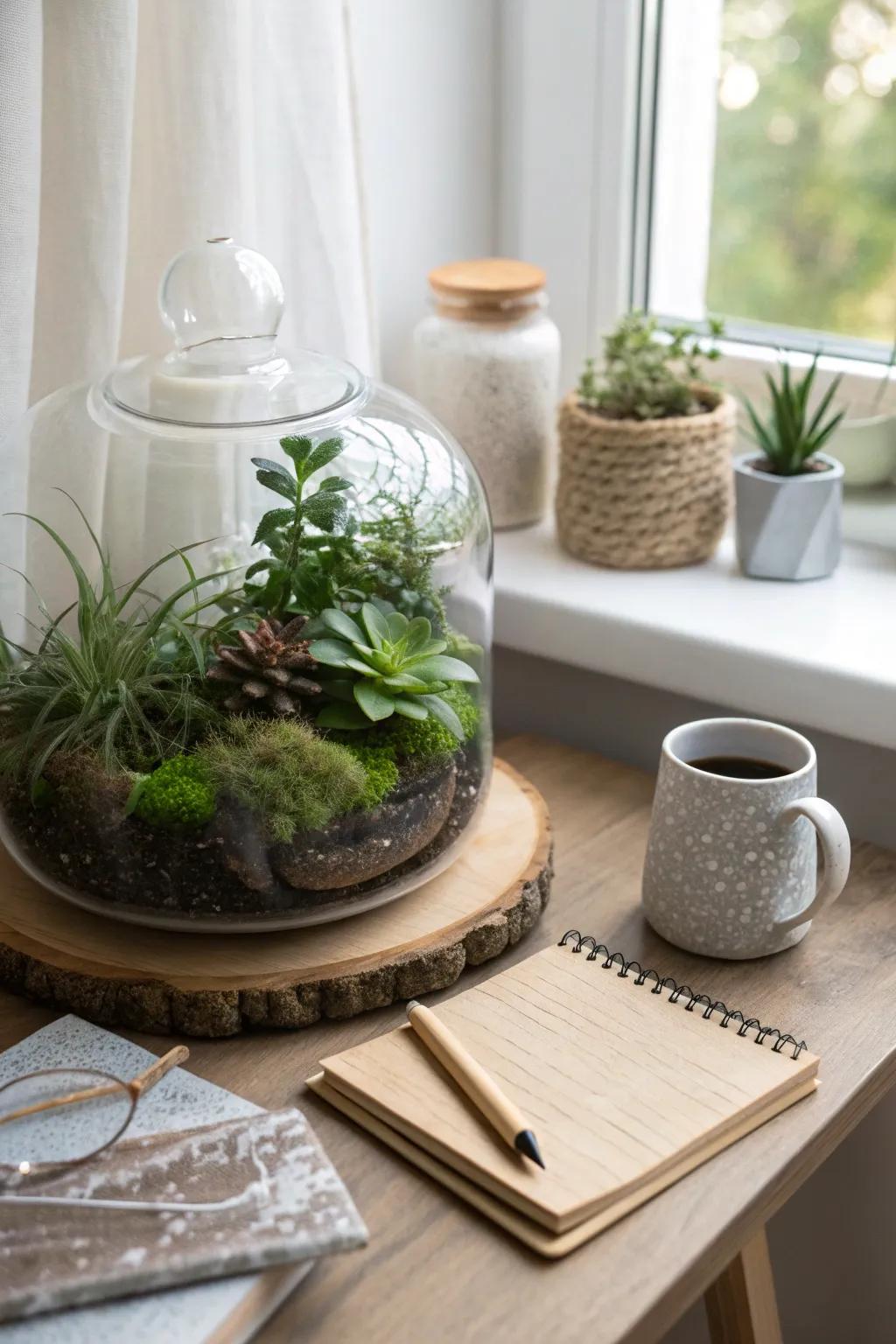 Create tiny worlds of greenery with enclosed habitats, adding a creative touch to your office décor.