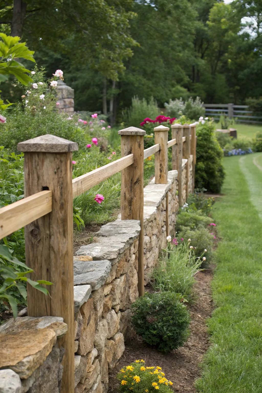 Combine natural stone and timber for earthy, textured fencing.