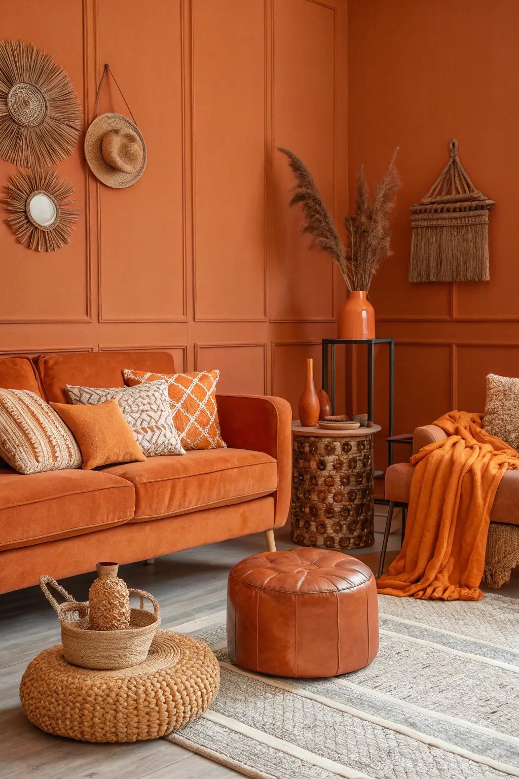 A monochromatic orange palette fashions a striking and welcoming space.