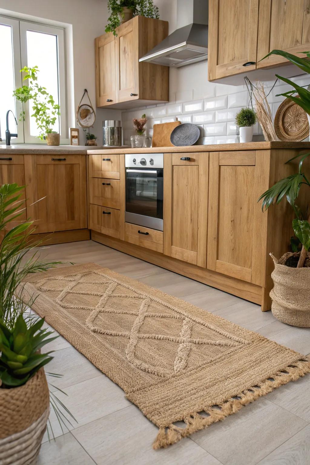 Textured floor coverings provide warmth and comfort, enhancing the organic vibe.