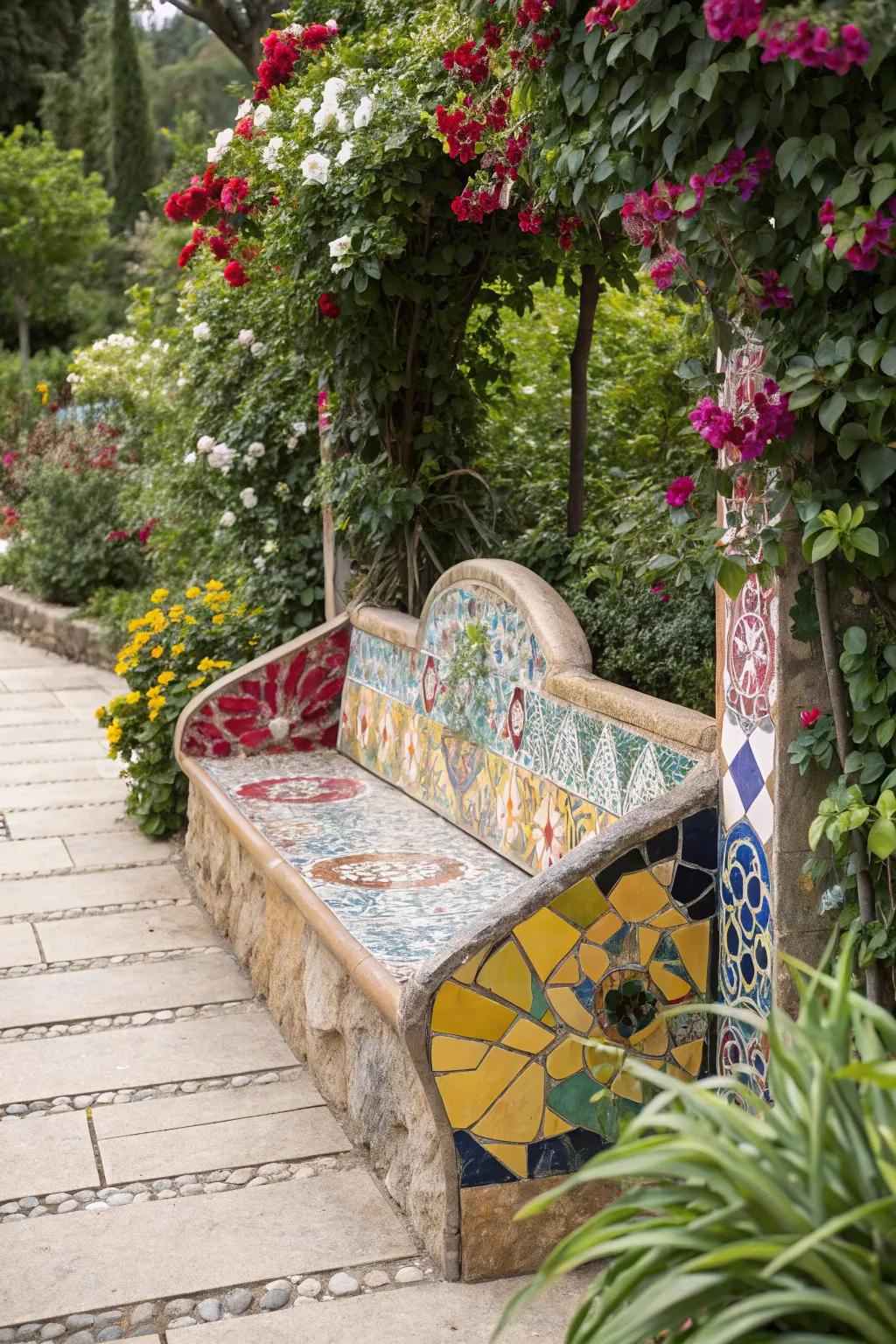 A mosaic-tiled bench that doubles as a garden art piece.