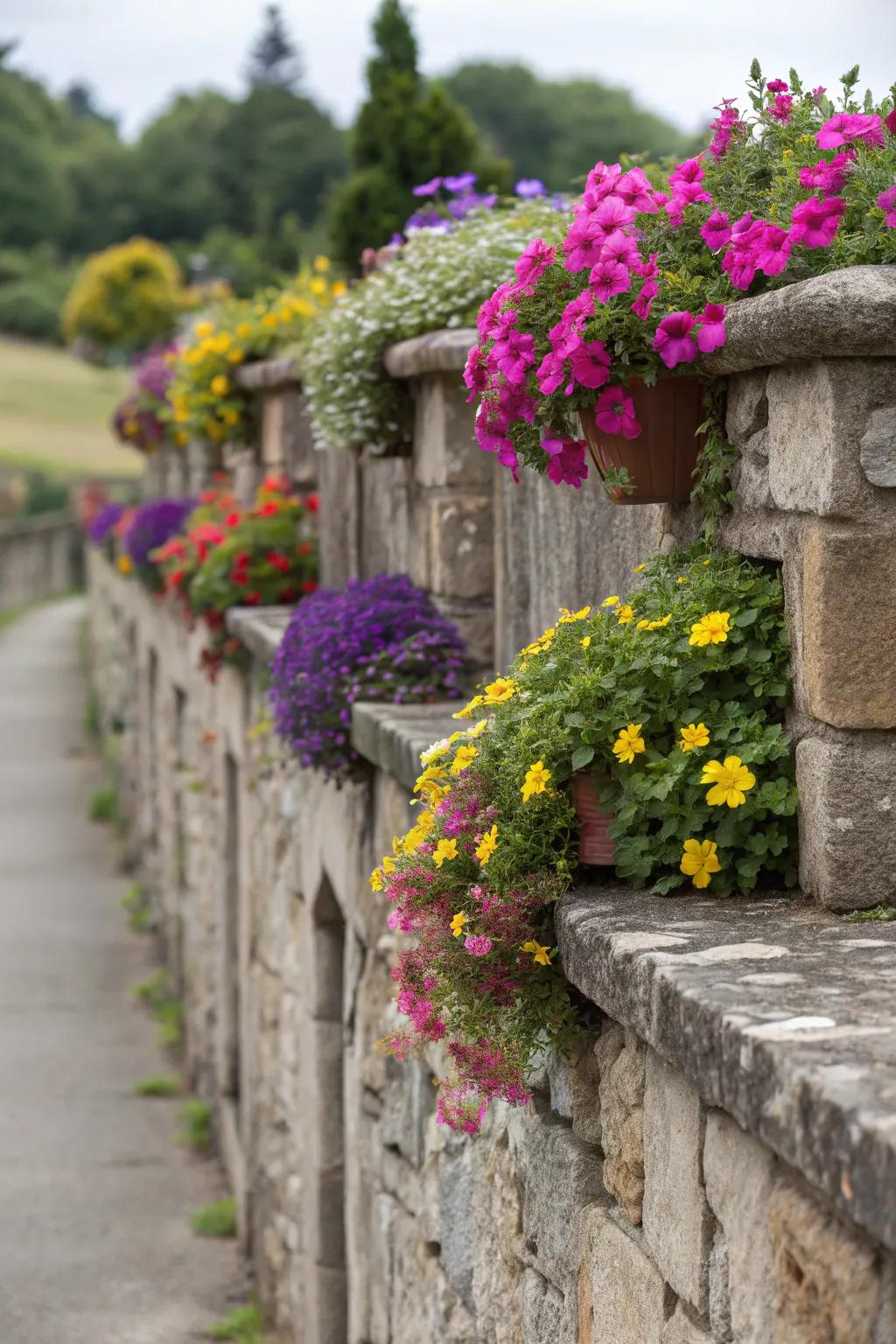 Planters within stone walls make lively garden details.