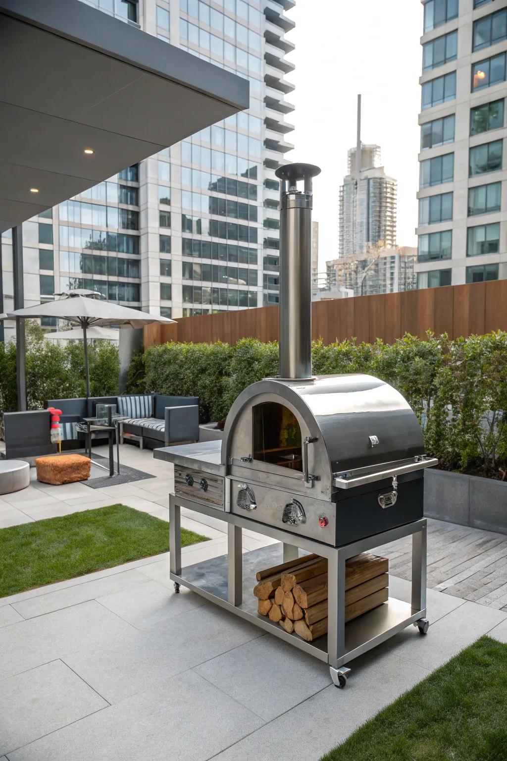 An industrial-style pizza oven that adds a modern touch to urban outdoor spaces.