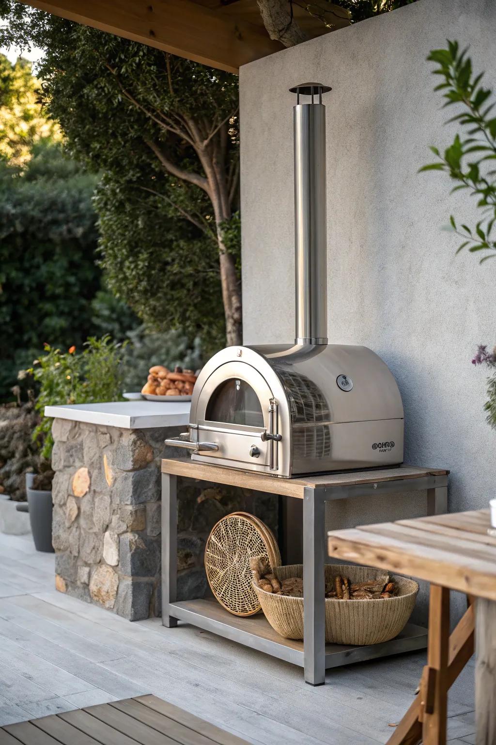 Elevate your outdoor space with a stylish metallic finish pizza oven, blending industrial chic with minimalist elegance.