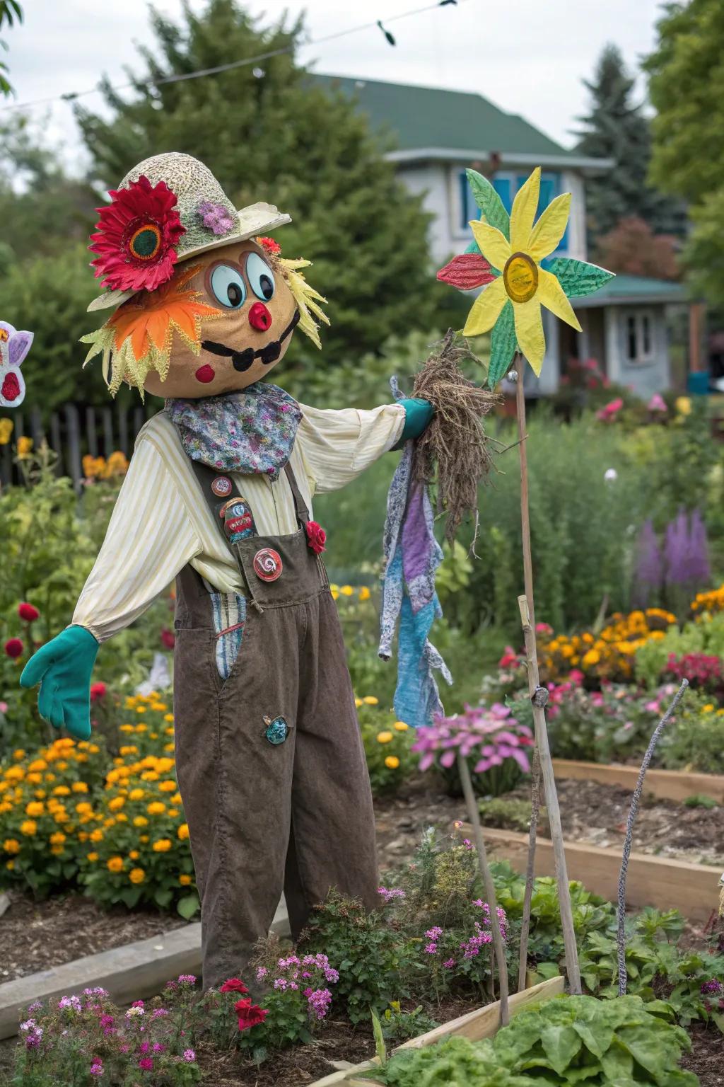 A paper mâché head adds vibrant creativity to your scarecrow.